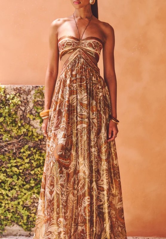 Vintage Cashew Flower Strapless Hollow Neck Stamping Dipping Long Dress