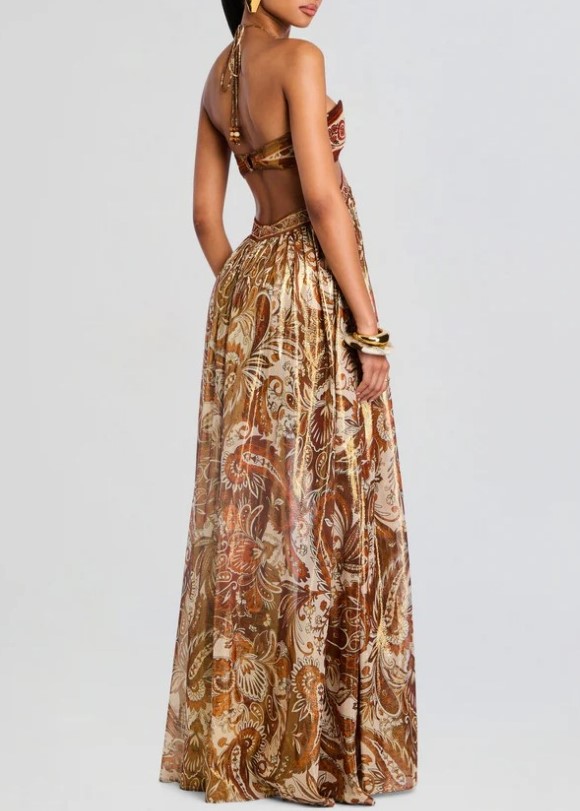 Vintage Cashew Flower Strapless Hollow Neck Stamping Dipping Long Dress