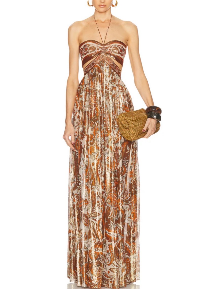 Vintage Cashew Flower Strapless Hollow Neck Stamping Dipping Long Dress