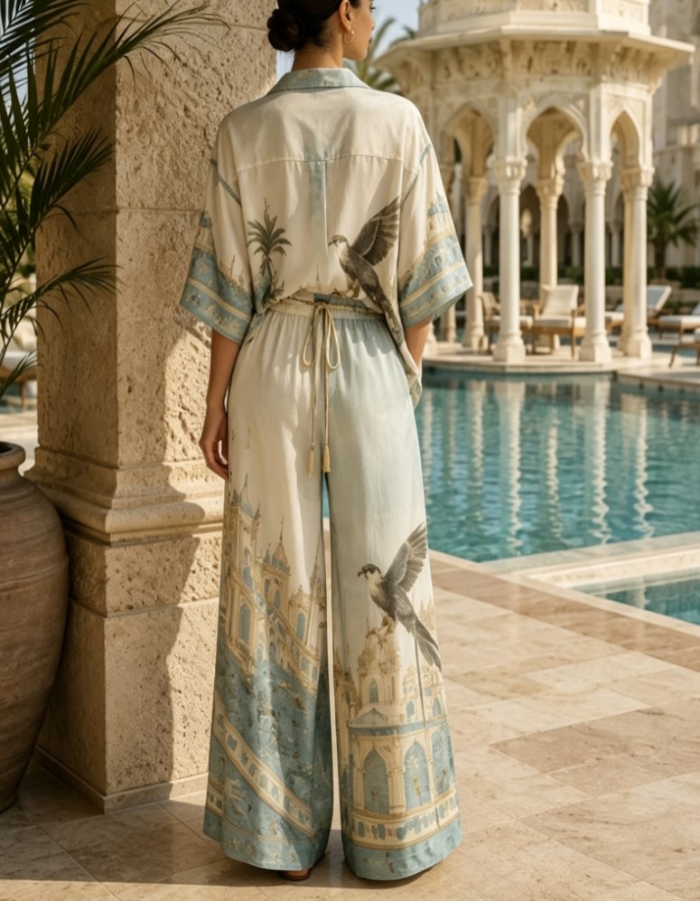 Vintage Architectural Bird Print Satin Lapel Short Sleeve Wide Leg Pants Casual Set