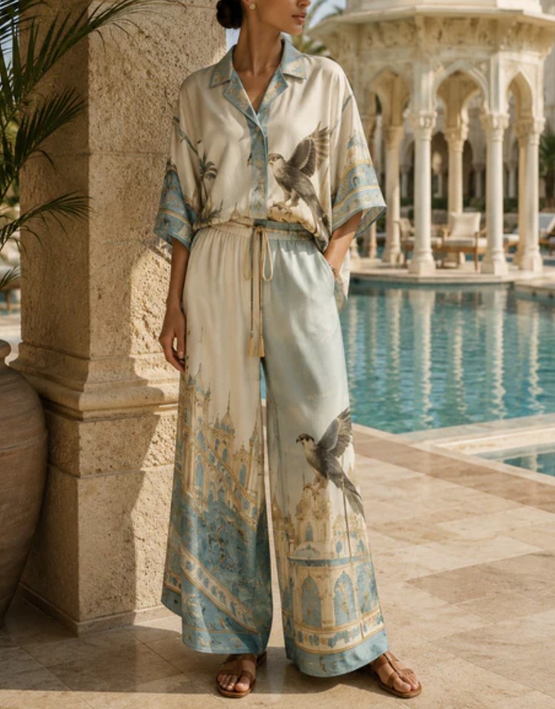 Vintage Architectural Bird Print Satin Lapel Short Sleeve Wide Leg Pants Casual Set