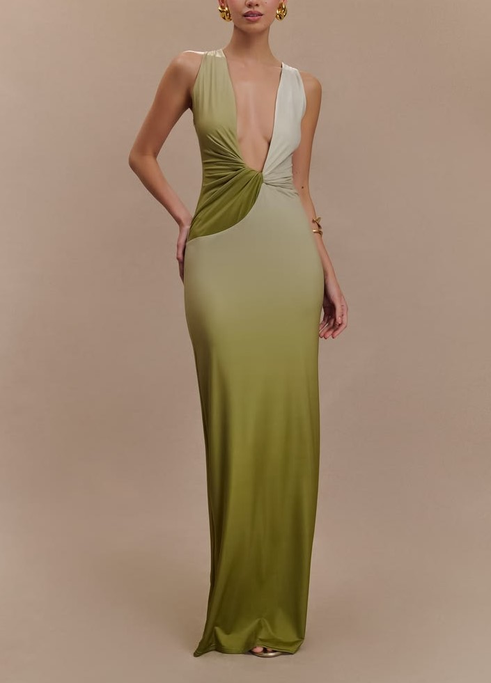 Contrast Deep V Kink Neck Slim-fit Hip Long Dress