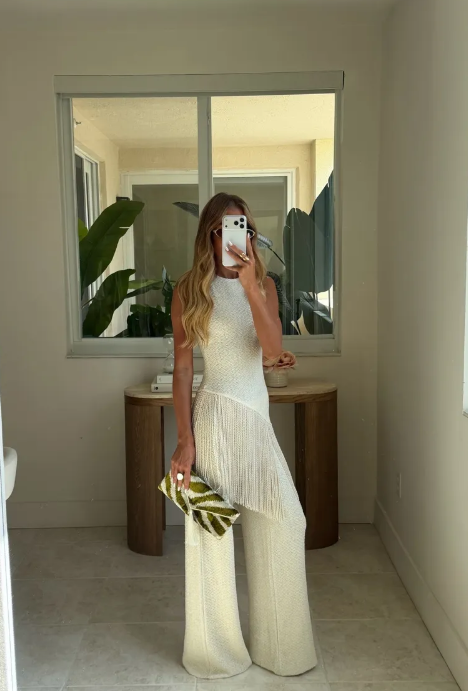Chic White Sleeveless Tassel Crochet Top & Wide Leg Pants Set