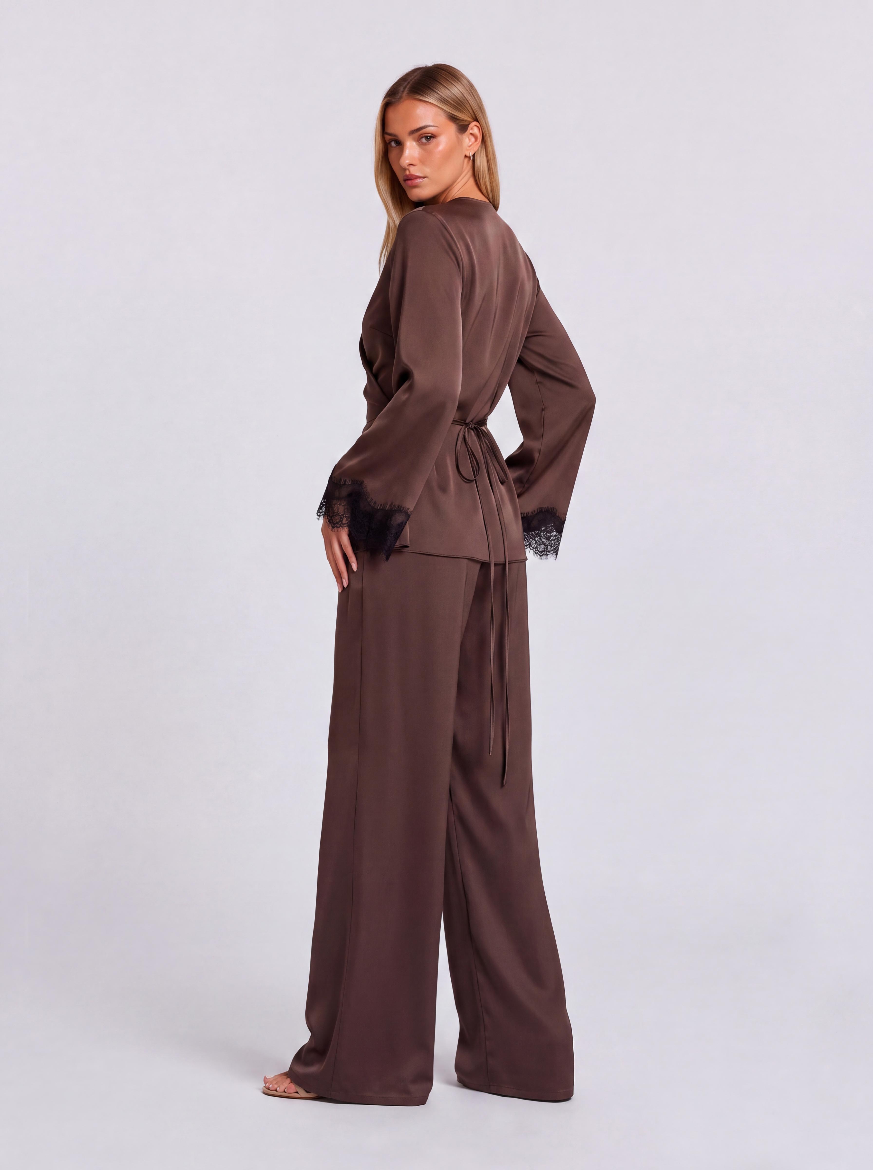 V-Neck Lace Cuff Lotus Top Wide-Leg Pants Two-Piece Set
