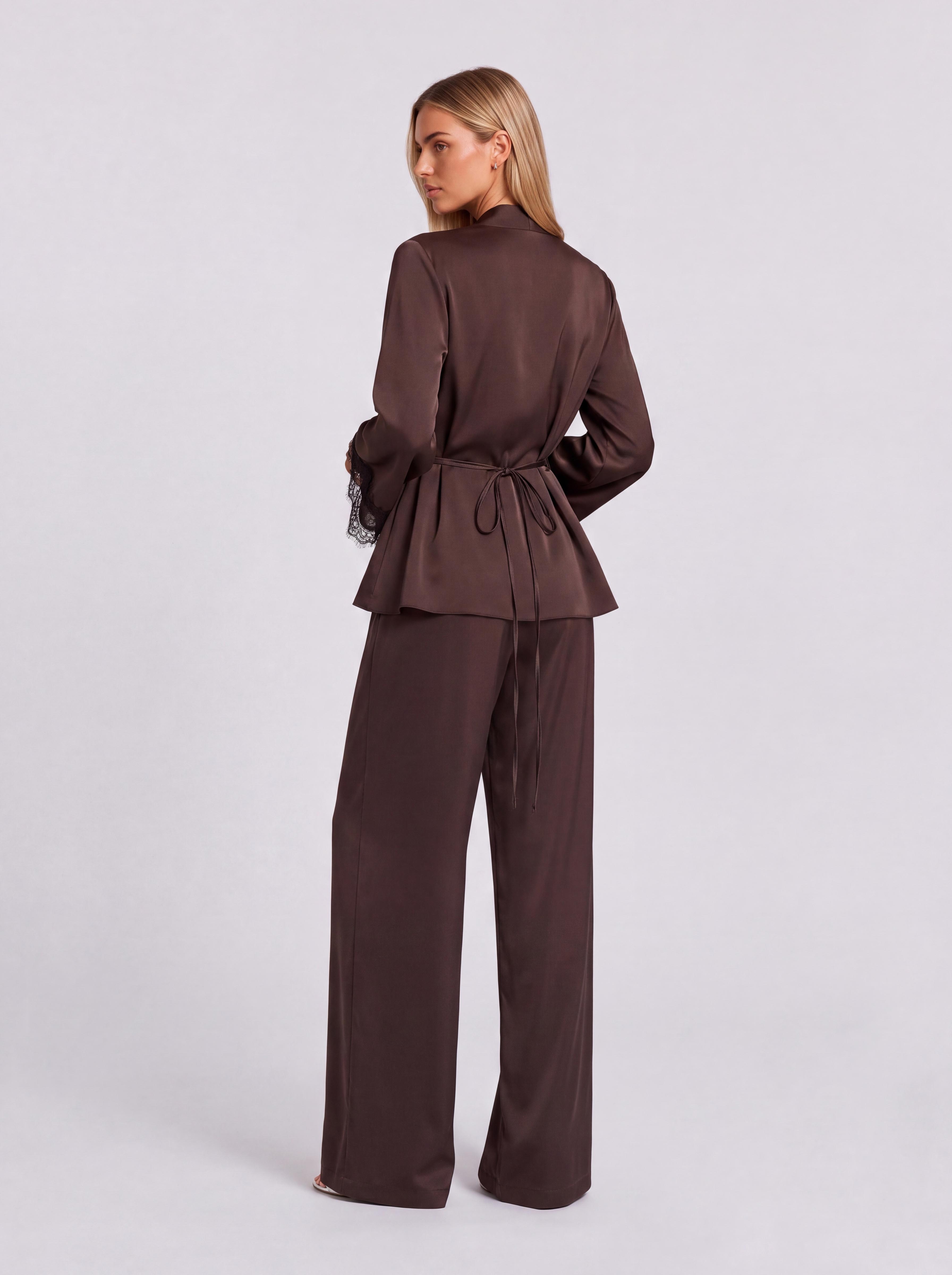 V-Neck Lace Cuff Lotus Top Wide-Leg Pants Two-Piece Set