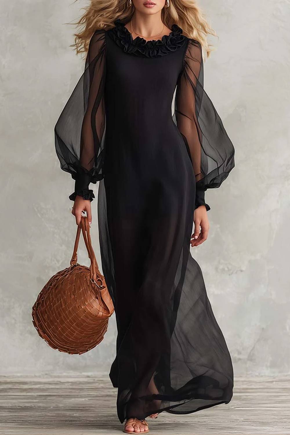 Ruffle Neck Sheer Balloon Sleeve Maxi Dress