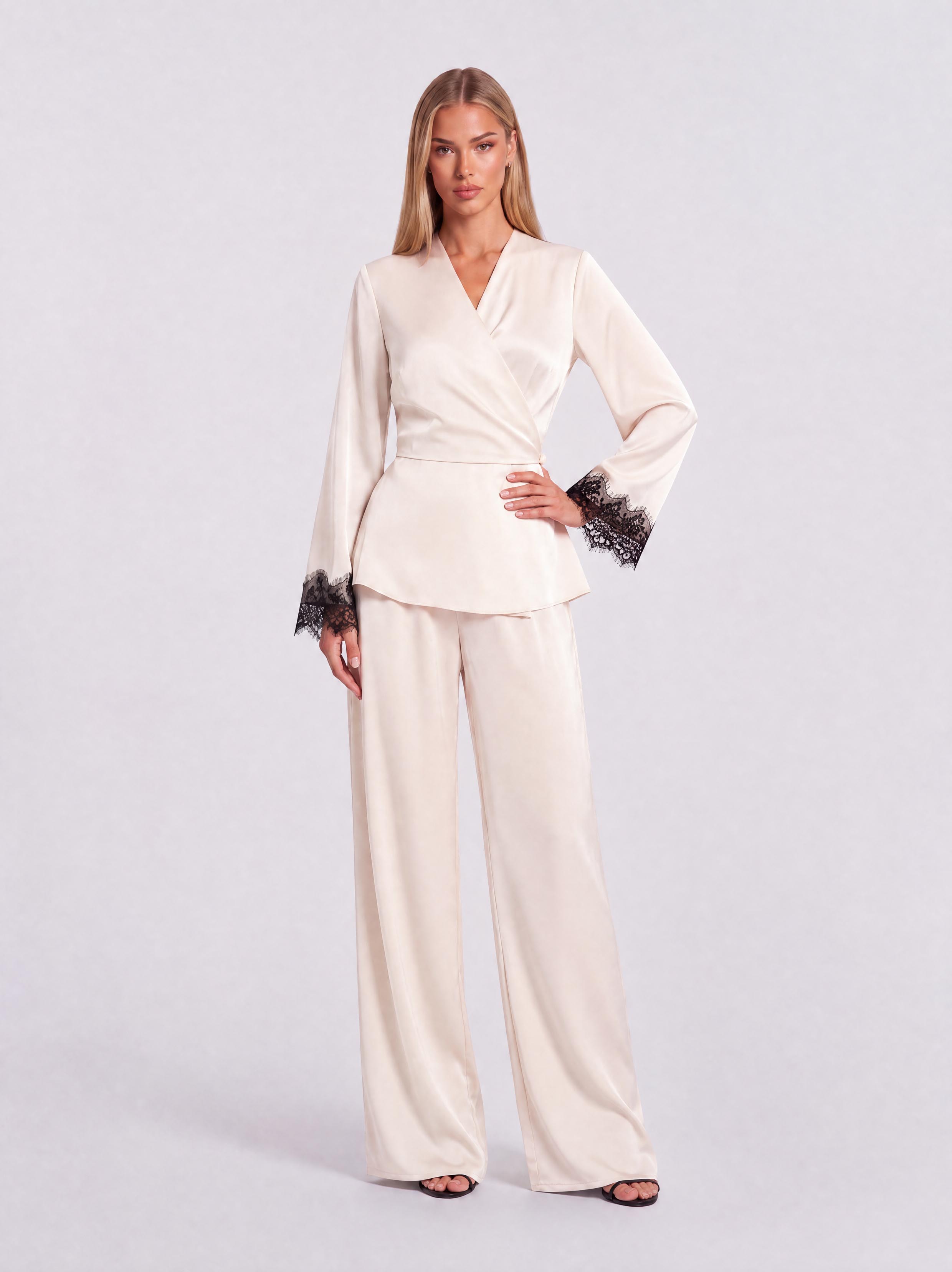 V-Neck Lace Cuff Lotus Top Wide-Leg Pants Two-Piece Set