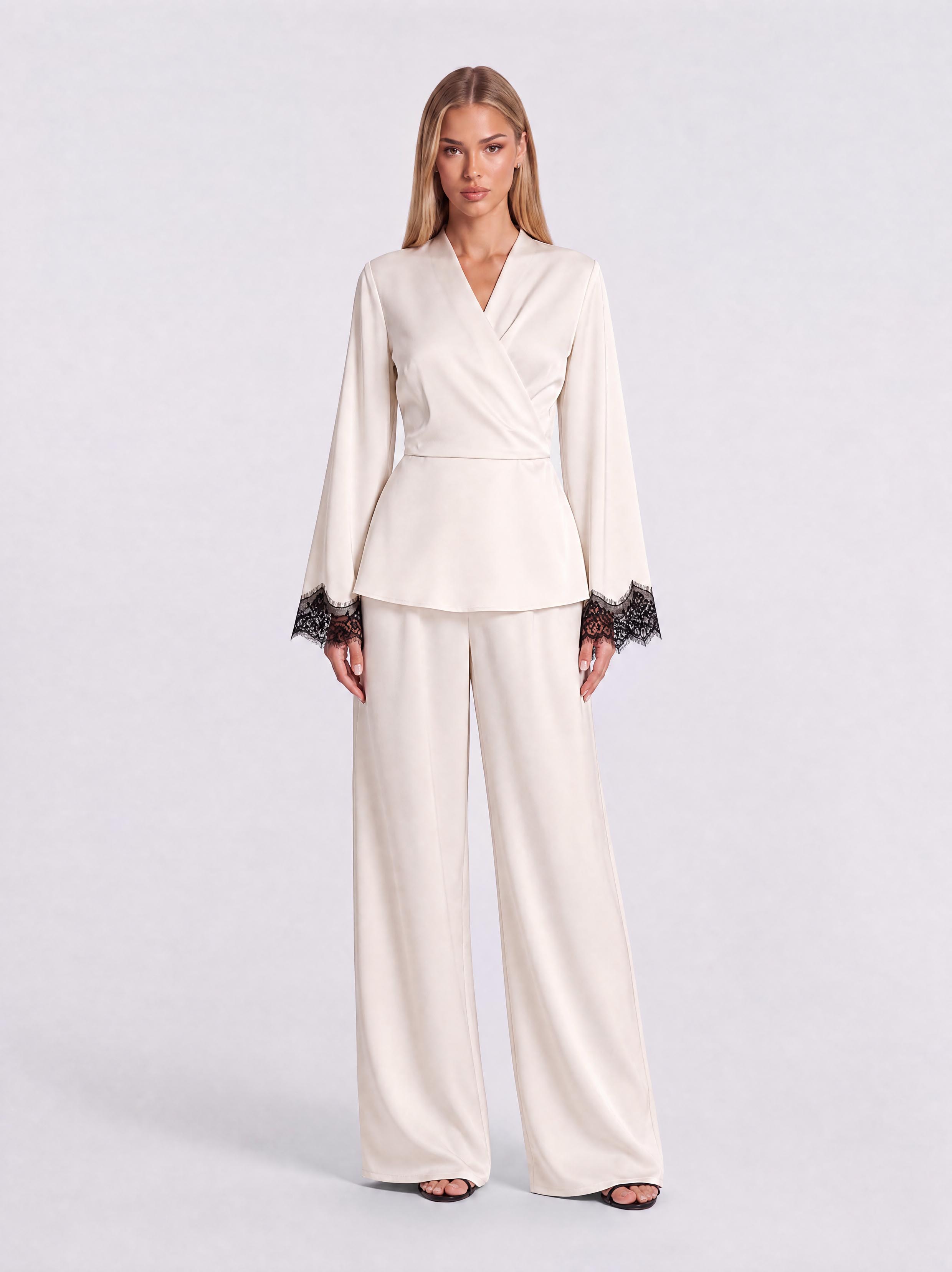 V-Neck Lace Cuff Lotus Top Wide-Leg Pants Two-Piece Set