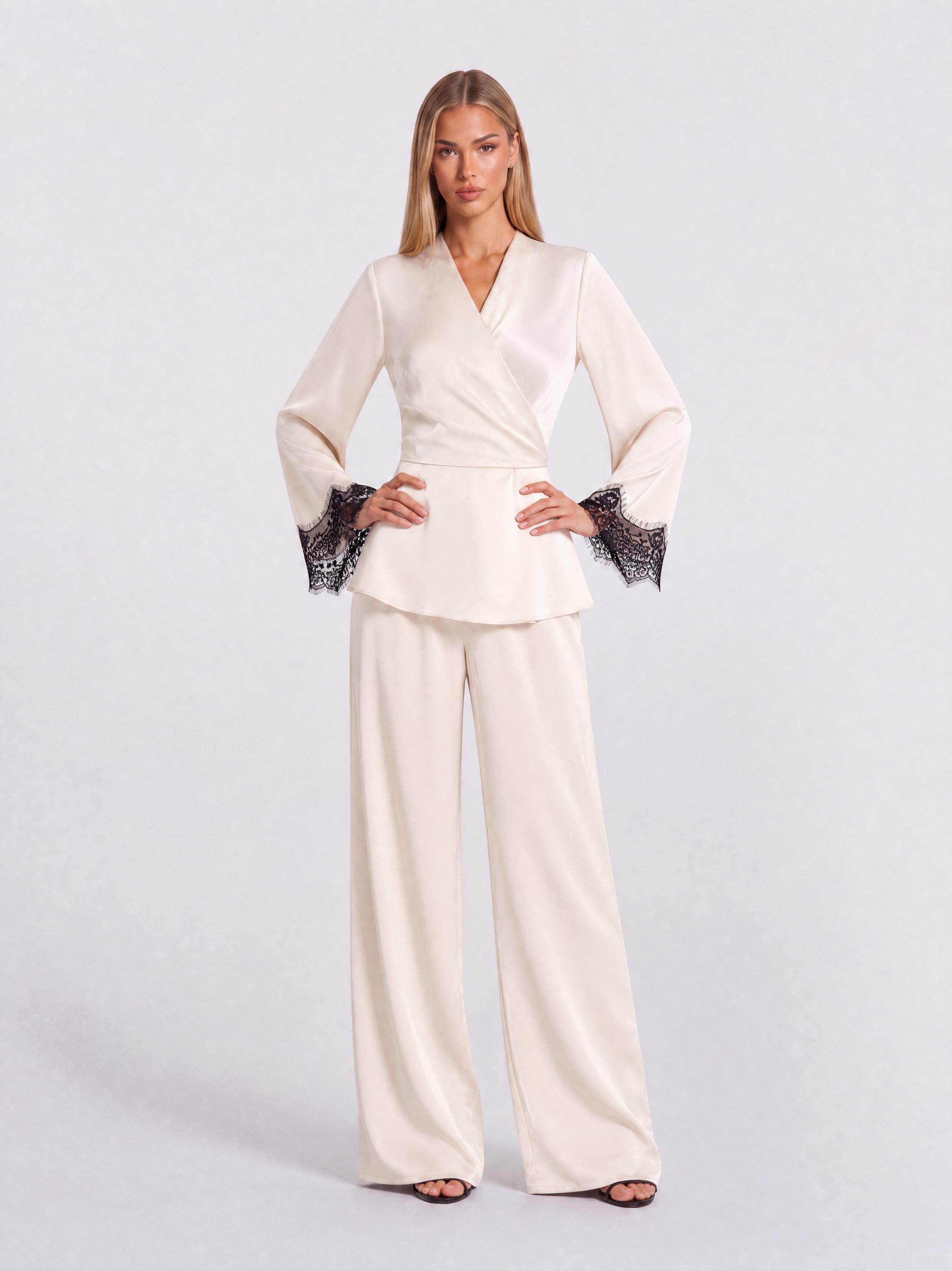 V-Neck Lace Cuff Lotus Top Wide-Leg Pants Two-Piece Set