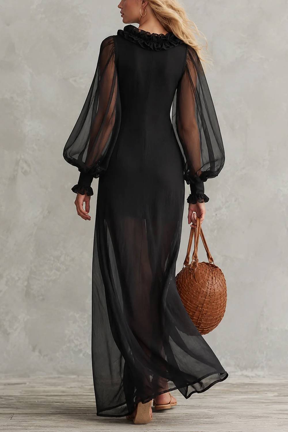 Ruffle Neck Sheer Balloon Sleeve Maxi Dress