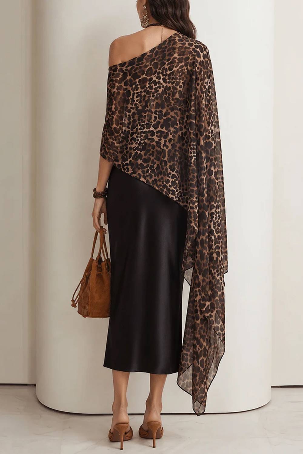Leopard-Print Draping Poncho Satin Dress Set