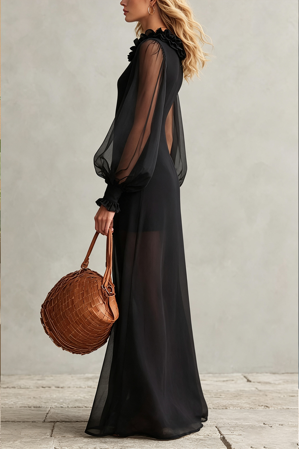 Ruffle Neck Sheer Balloon Sleeve Maxi Dress