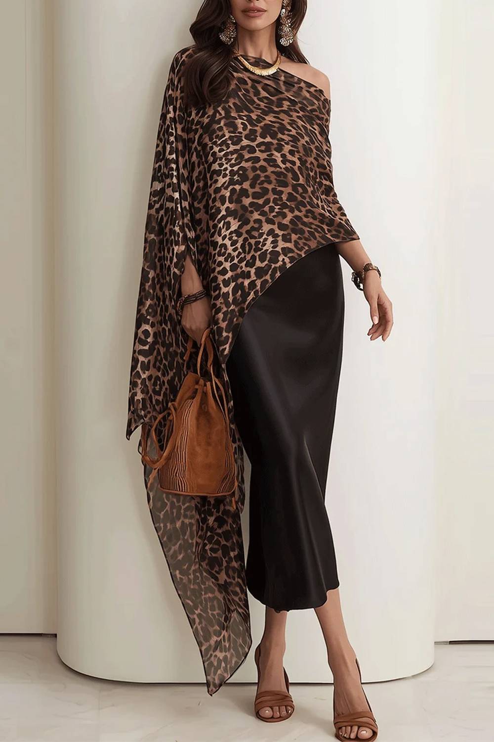 Leopard-Print Draping Poncho Satin Dress Set