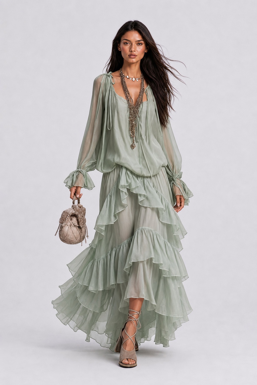 Perspective Chiffon Lace-Up Long-Sleeve Top Multi-Layer Ruffled Long Skirt Holiday Suit