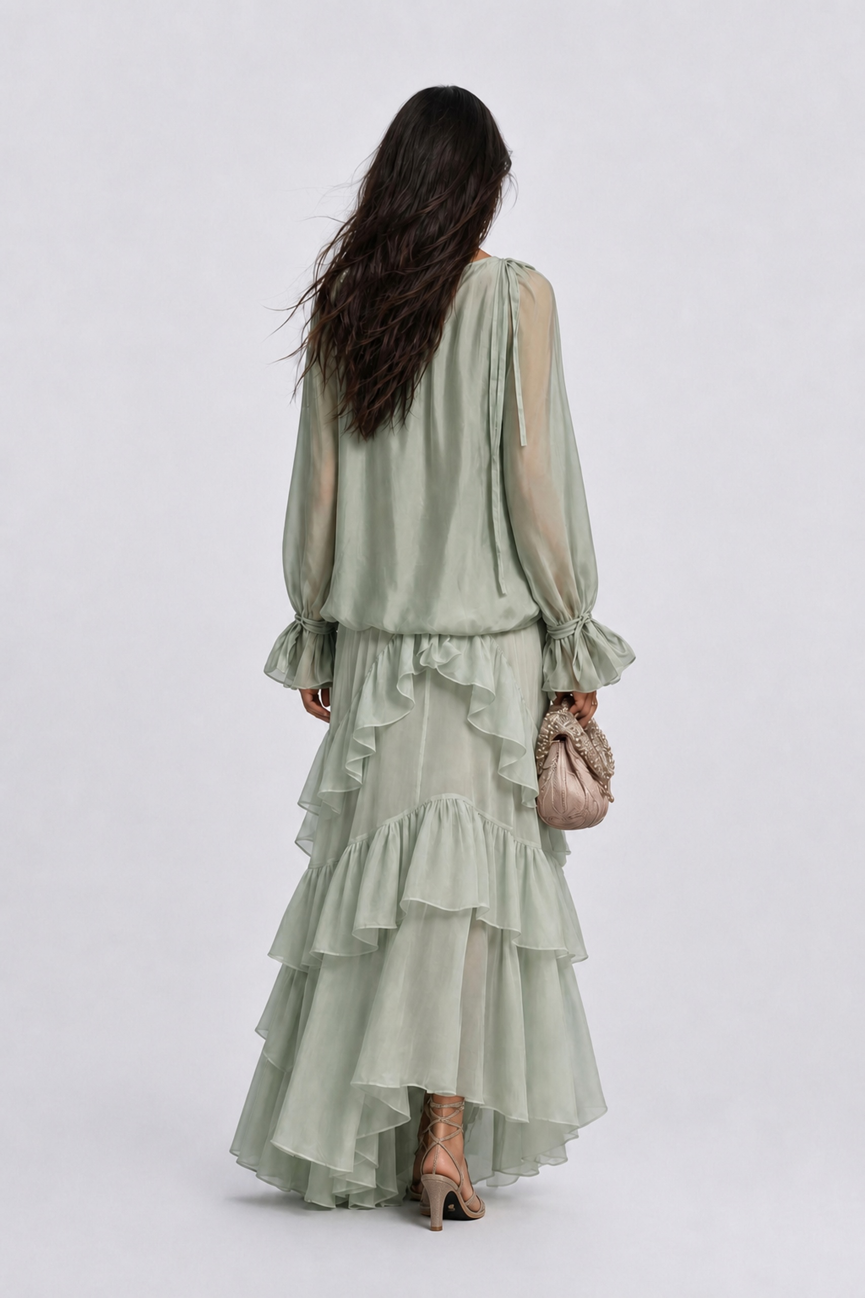 Perspective Chiffon Lace-Up Long-Sleeve Top Multi-Layer Ruffled Long Skirt Holiday Suit