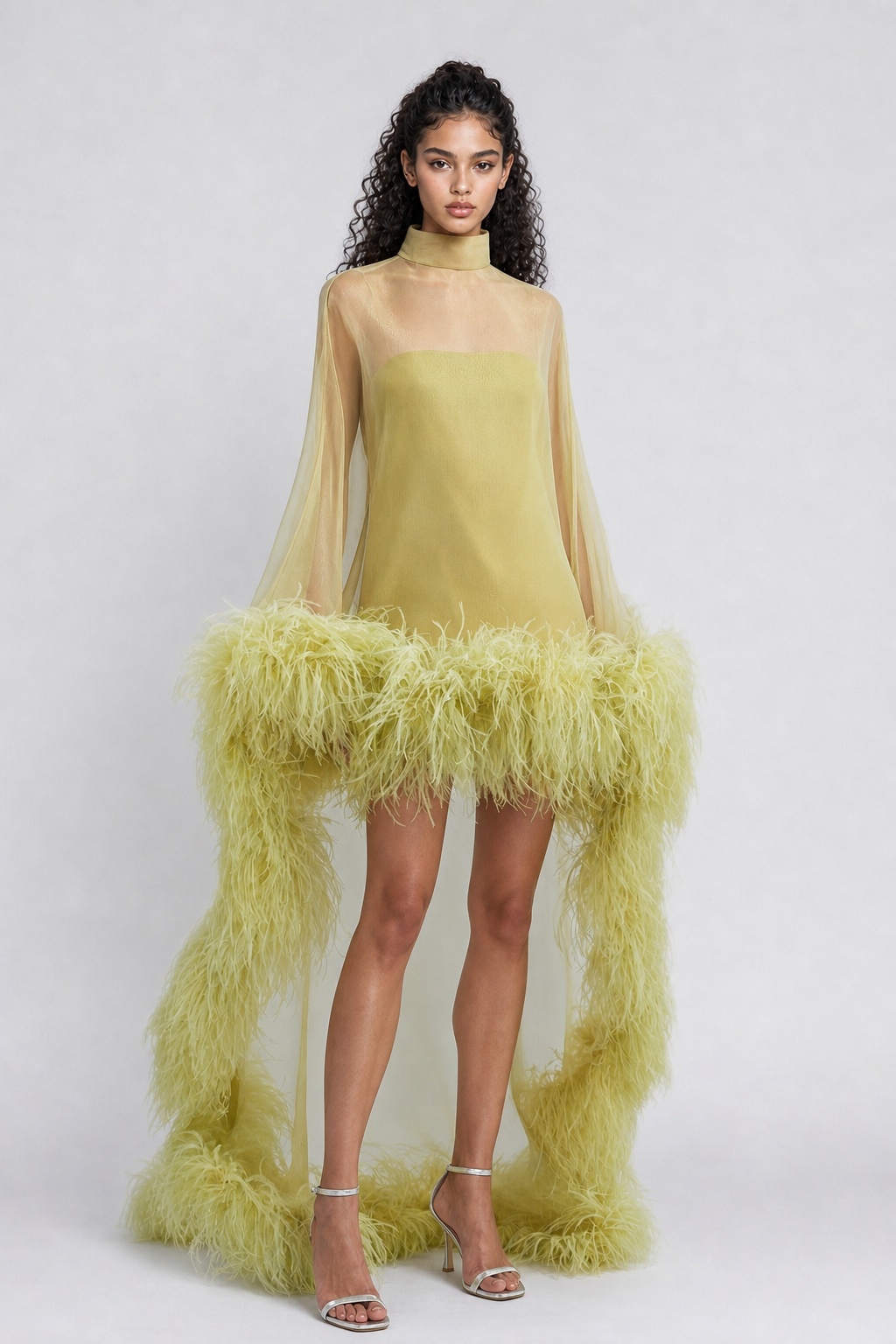 Chartreuse Feather-Trimmed Sheer Cape Gown - High-Fashion Evening Dress With Open Back
