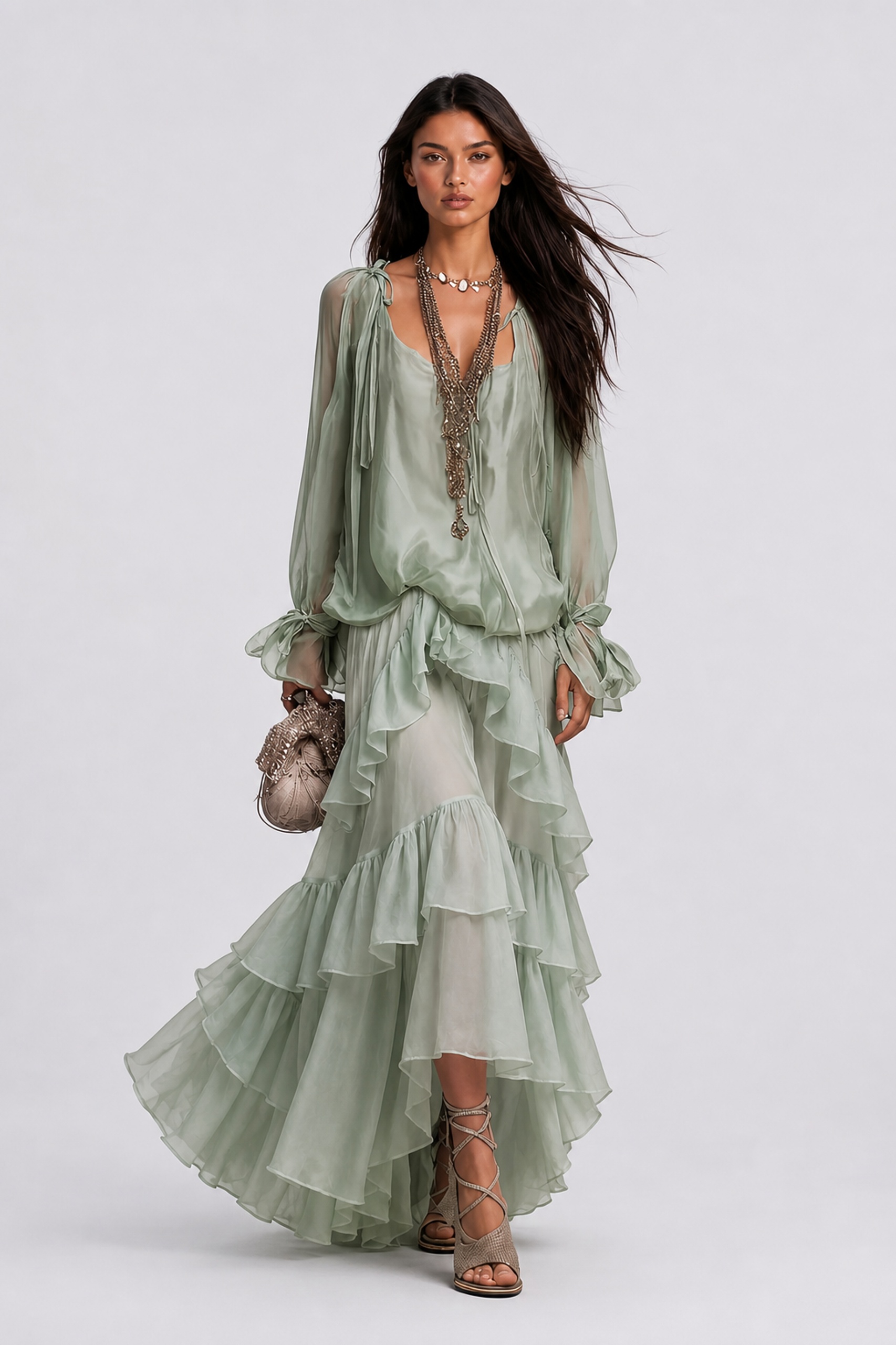 Perspective Chiffon Lace-Up Long-Sleeve Top Multi-Layer Ruffled Long Skirt Holiday Suit