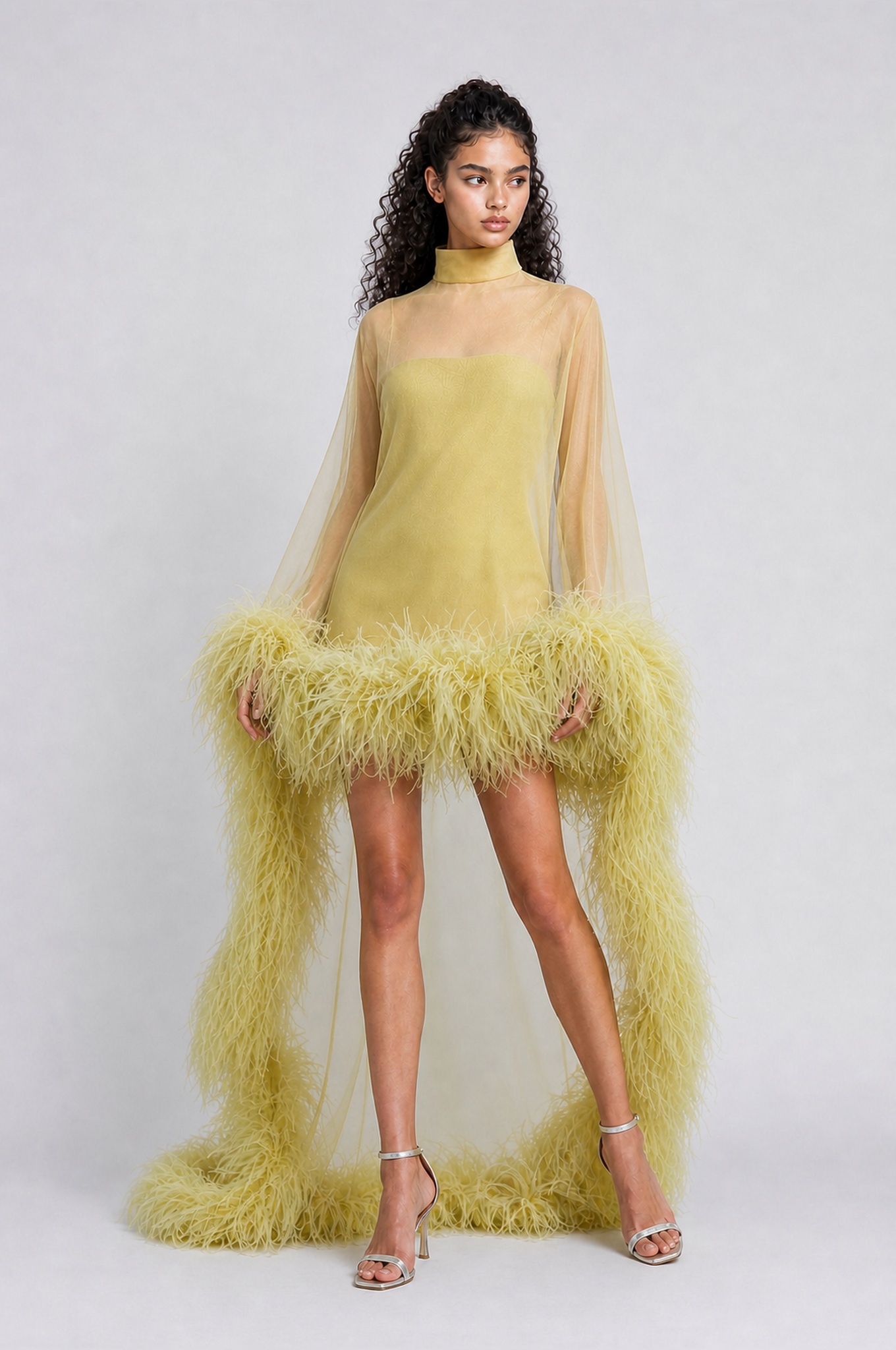 Chartreuse Feather-Trimmed Sheer Cape Gown - High-Fashion Evening Dress With Open Back