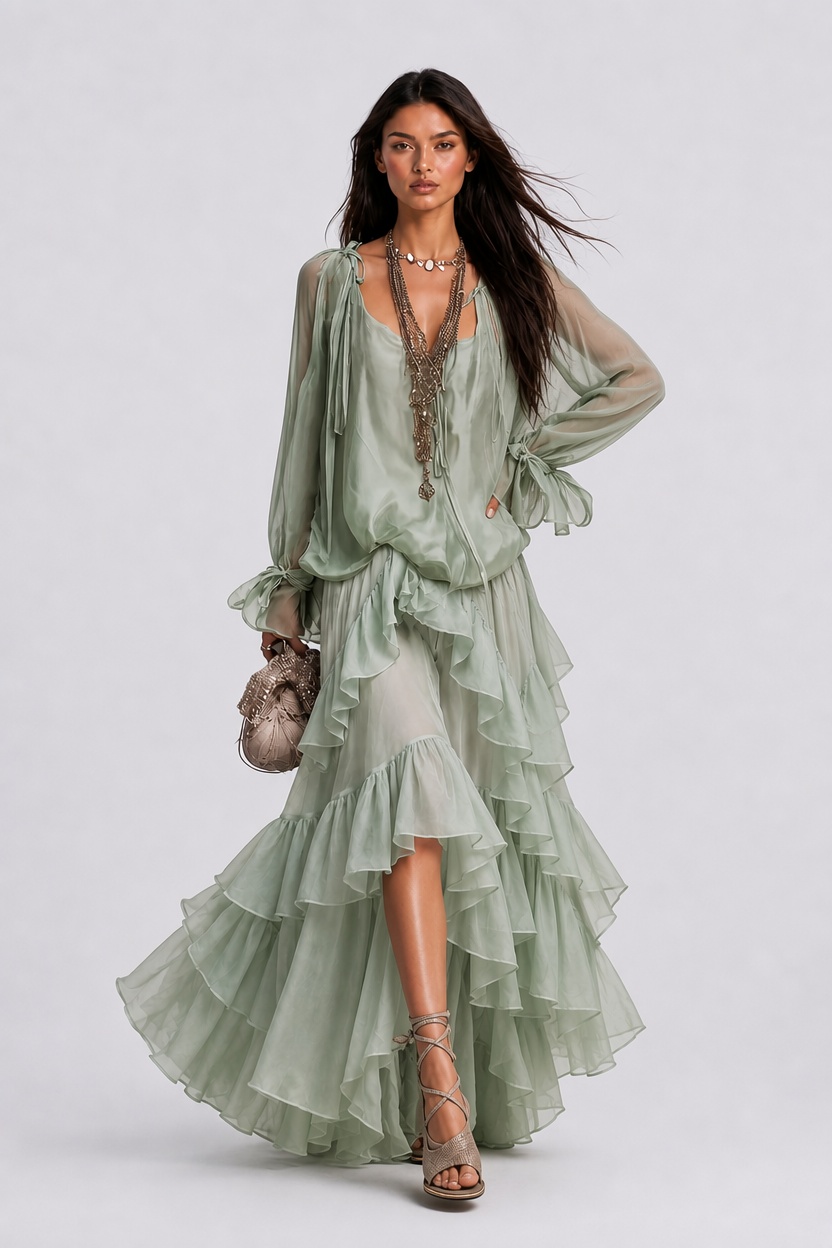 Perspective Chiffon Lace-Up Long-Sleeve Top Multi-Layer Ruffled Long Skirt Holiday Suit