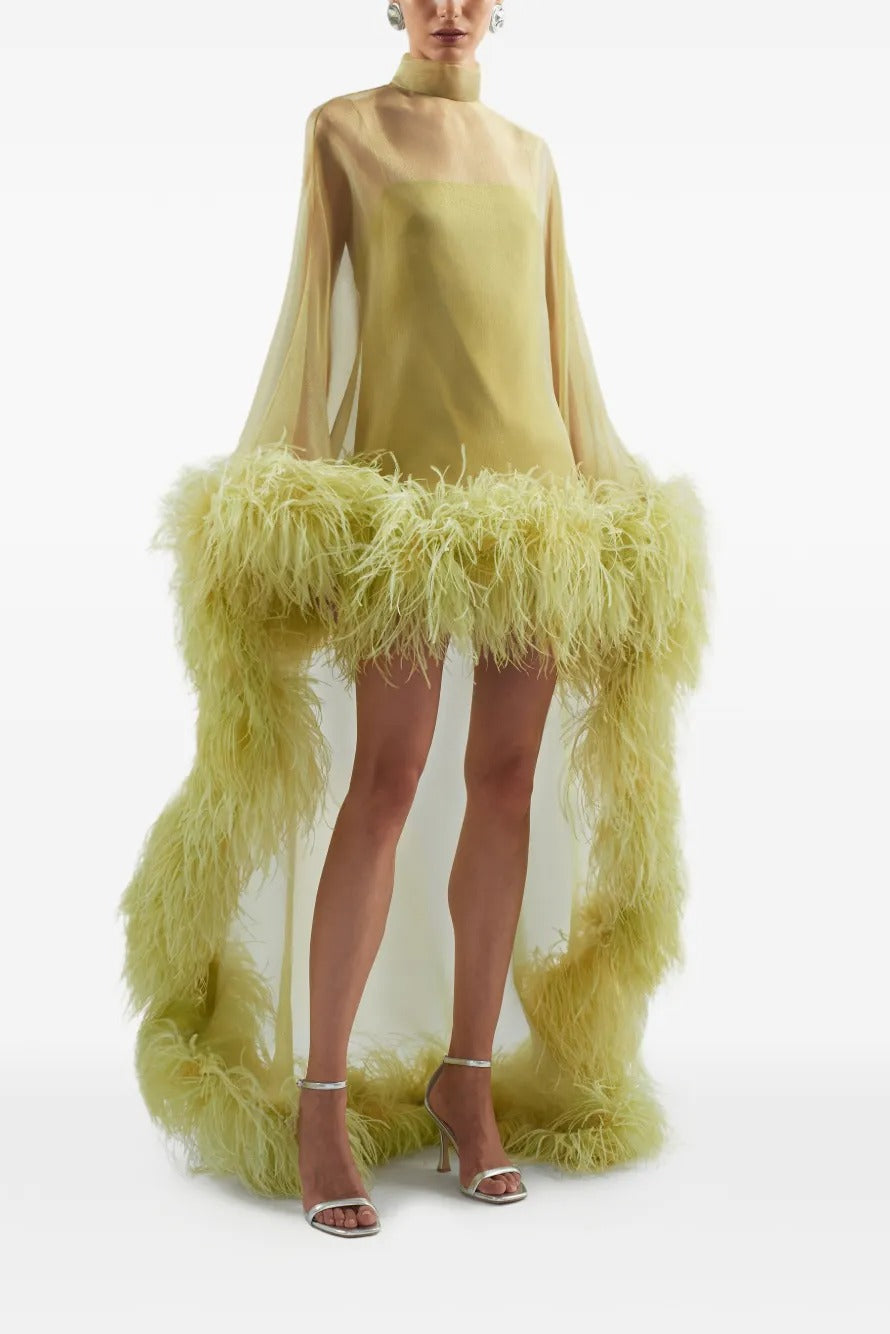 Chartreuse Feather-Trimmed Sheer Cape Gown - High-Fashion Evening Dress With Open Back