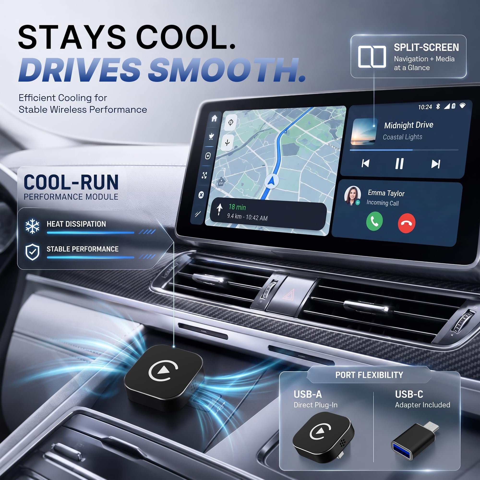 2-in1 Wireless CarPlay Adapter for Apple CarPlay & Android Auto
