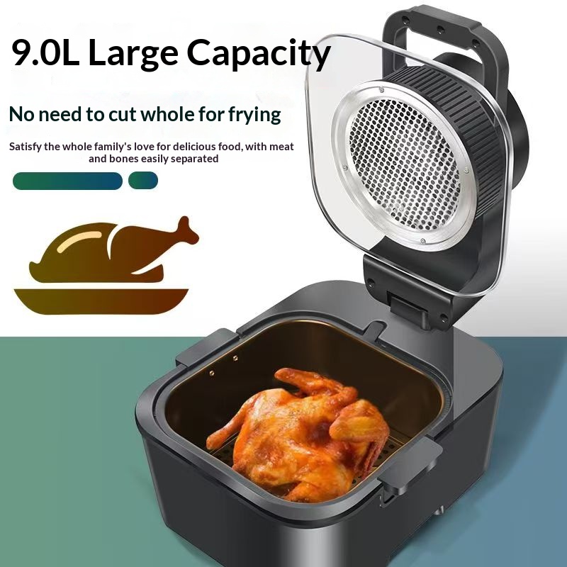 9.0L Visible Window Air Fryer, Holographic Touch Control Panel, Large Capacity Oil-Free Air Fryer for Home, Multi Cooker for Whole Chicken Roasting