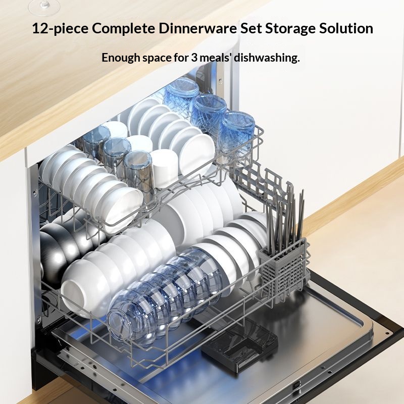 Built-in Household Dishwasher, 12-Place Setting Large Capacity, 38000Pa High Pressure Spray, High Temperature Sanitizing, Support Washing Woks
