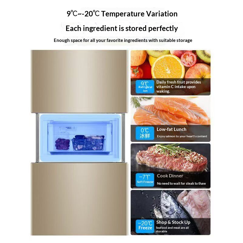 218L Three Door Inverter Refrigerator, Air Cooled Frost Free Fridge, Smart WIFI Control Multi-Zone Fridge Freezer for Home