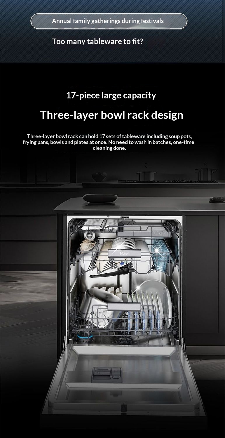 Built-in Dishwasher, 17 Sets Capacity 3-Tier Rack, AI Smart Stain Recognition, 50000Pa High Pressure Spray, Automatic Dishwasher for Home