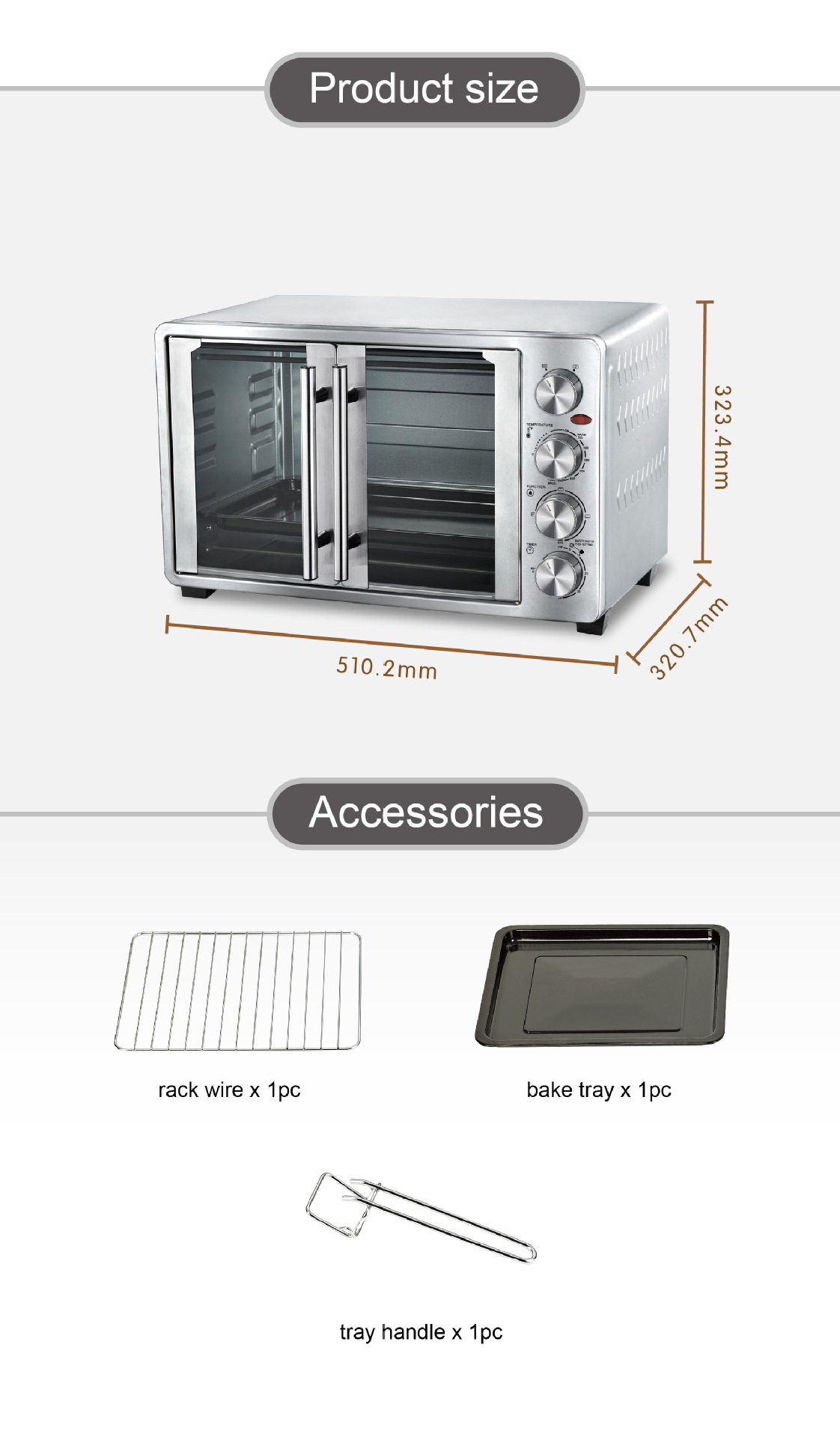 Stainless Steel French Double Door Toaster Oven, Multi-Function Countertop Electric Oven with Knob Control, Baking Tray & Wire Rack