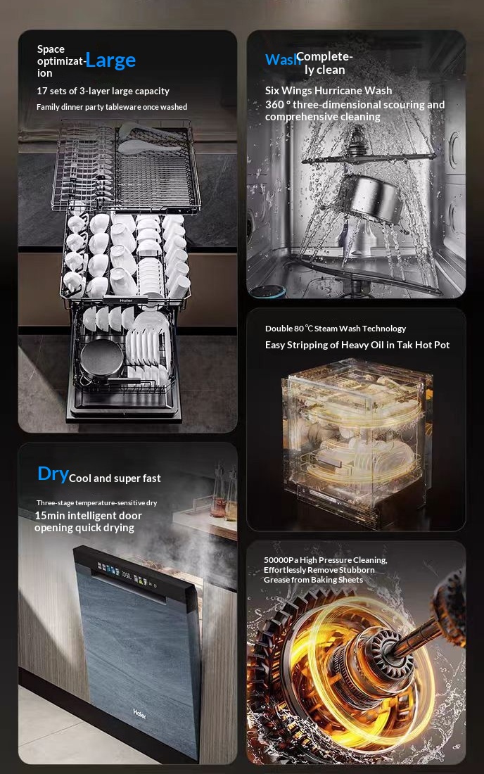  Built-in Dishwasher 17 Place Settings, True 3-Tier Adjustable Rack, 3 Modes Smart Zone Washing, 3-Layer 6-Wing Hurricane Spray Arm, 80℃ High Temp Steam Wash, Auto Door Quick Dry, Fully Integrated Dishwasher for Kitchen