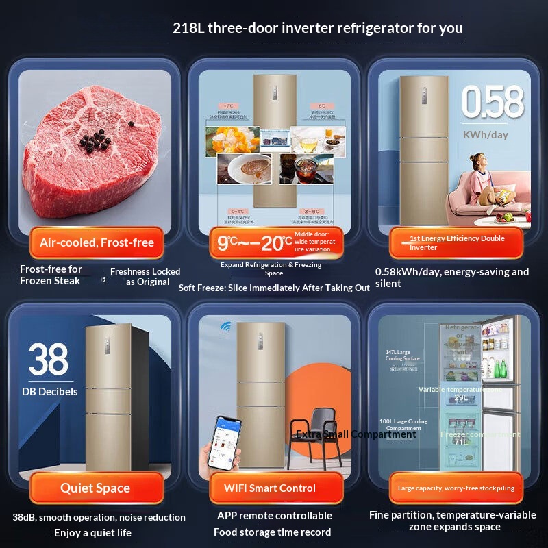 218L Three Door Inverter Refrigerator, Air Cooled Frost Free Fridge, Smart WIFI Control Multi-Zone Fridge Freezer for Home