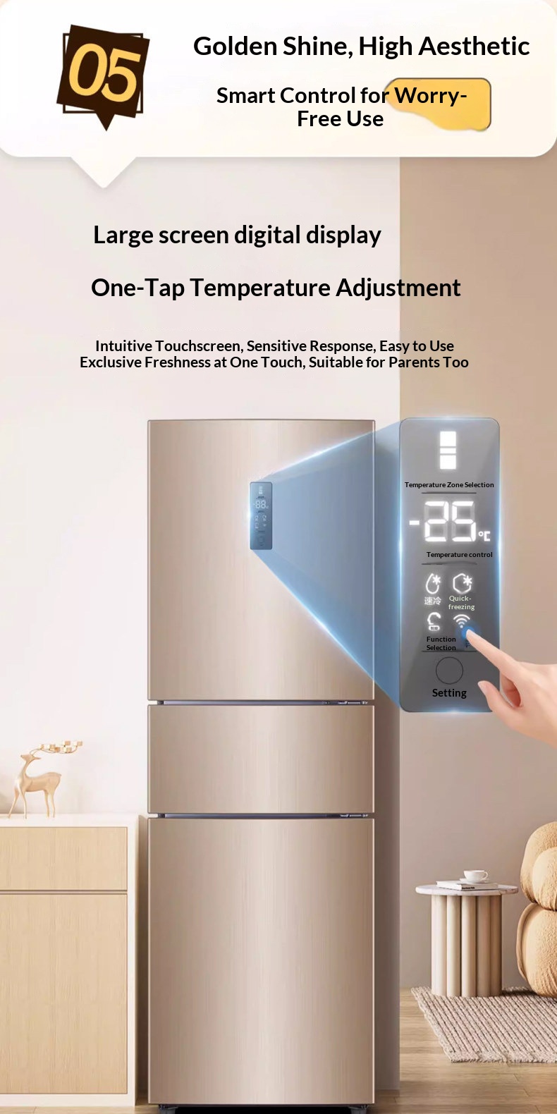 218L Three Door Inverter Refrigerator, Air Cooled Frost Free Fridge, Smart WIFI Control Multi-Zone Fridge Freezer for Home