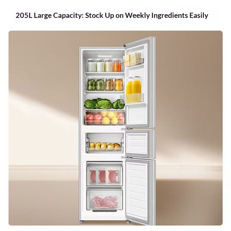 205L Three-Door Household Refrigerator, Slim Body, Three-Zone Storage, 5-Speed Temperature Control, Low Noise & Energy Saving Fridge