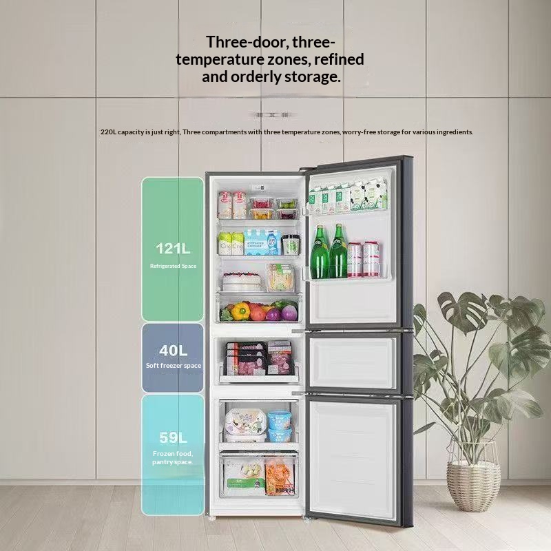 220L Three-Door Refrigerator, 1st Class Energy Efficiency, Low Noise 35dB, 3 Temperature Zones Compact Fridge for Home Apartment