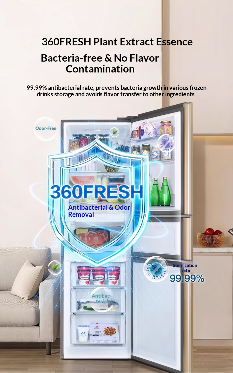 218L Three Door Inverter Refrigerator, Air Cooled Frost Free Fridge, Smart WIFI Control Multi-Zone Fridge Freezer for Home