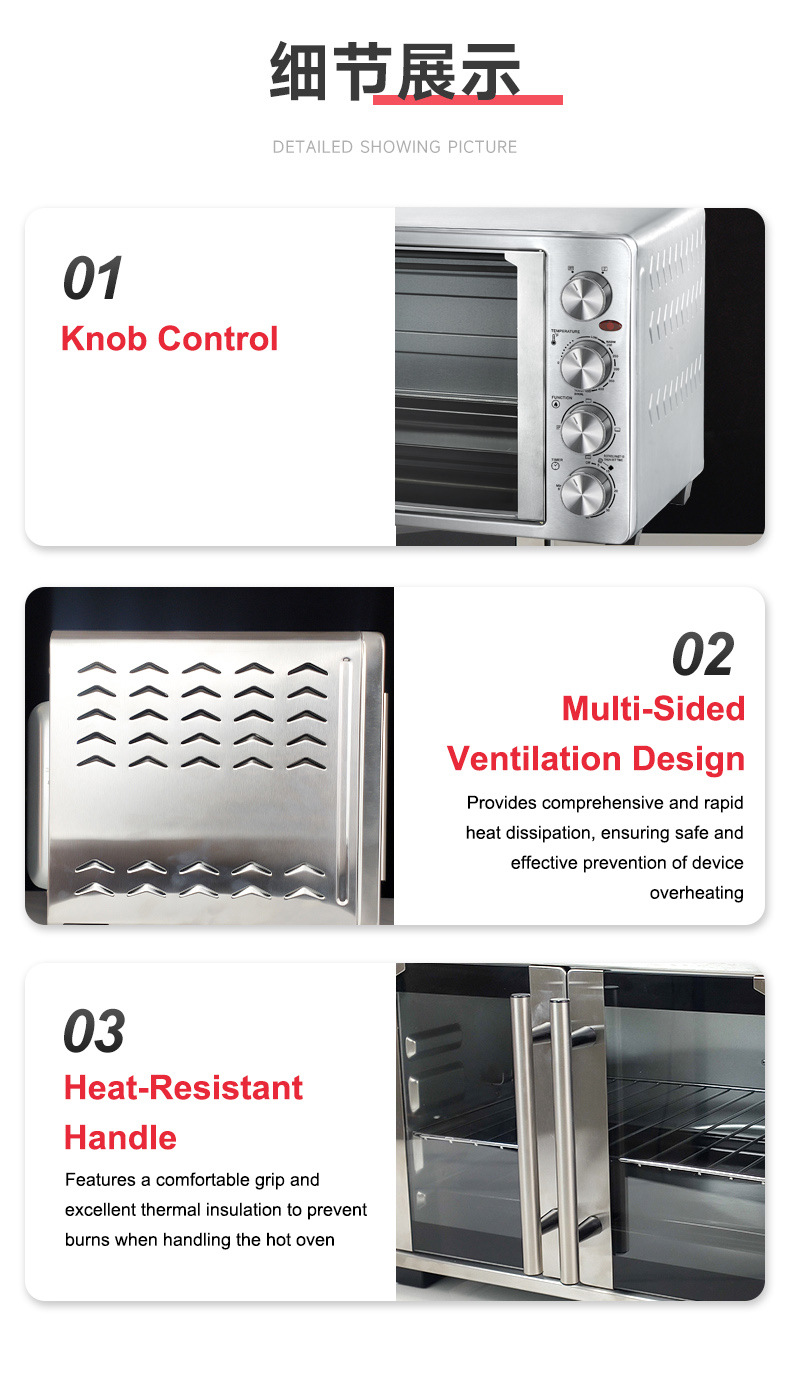 Stainless Steel French Double Door Toaster Oven, Multi-Function Countertop Electric Oven with Knob Control, Baking Tray & Wire Rack