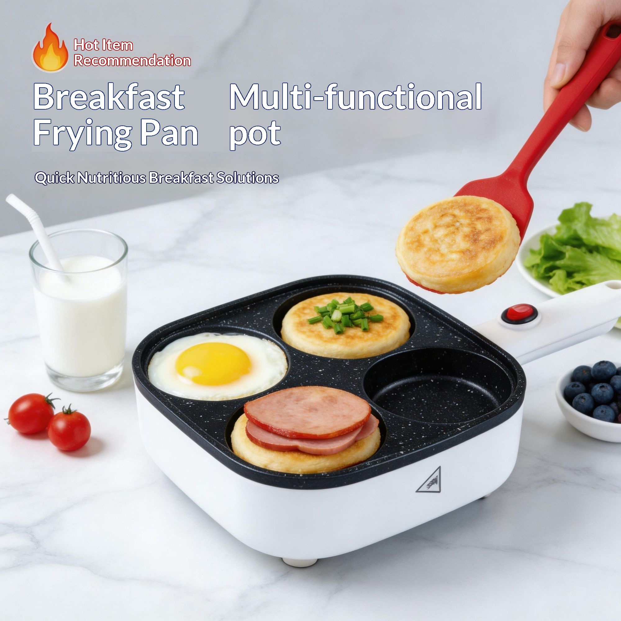 4-Hole Non-Stick Electric Frying Pan, Multi Breakfast Maker, Cook Eggs & Pancakes Simultaneously, Integrated Skillet for Home & Camping