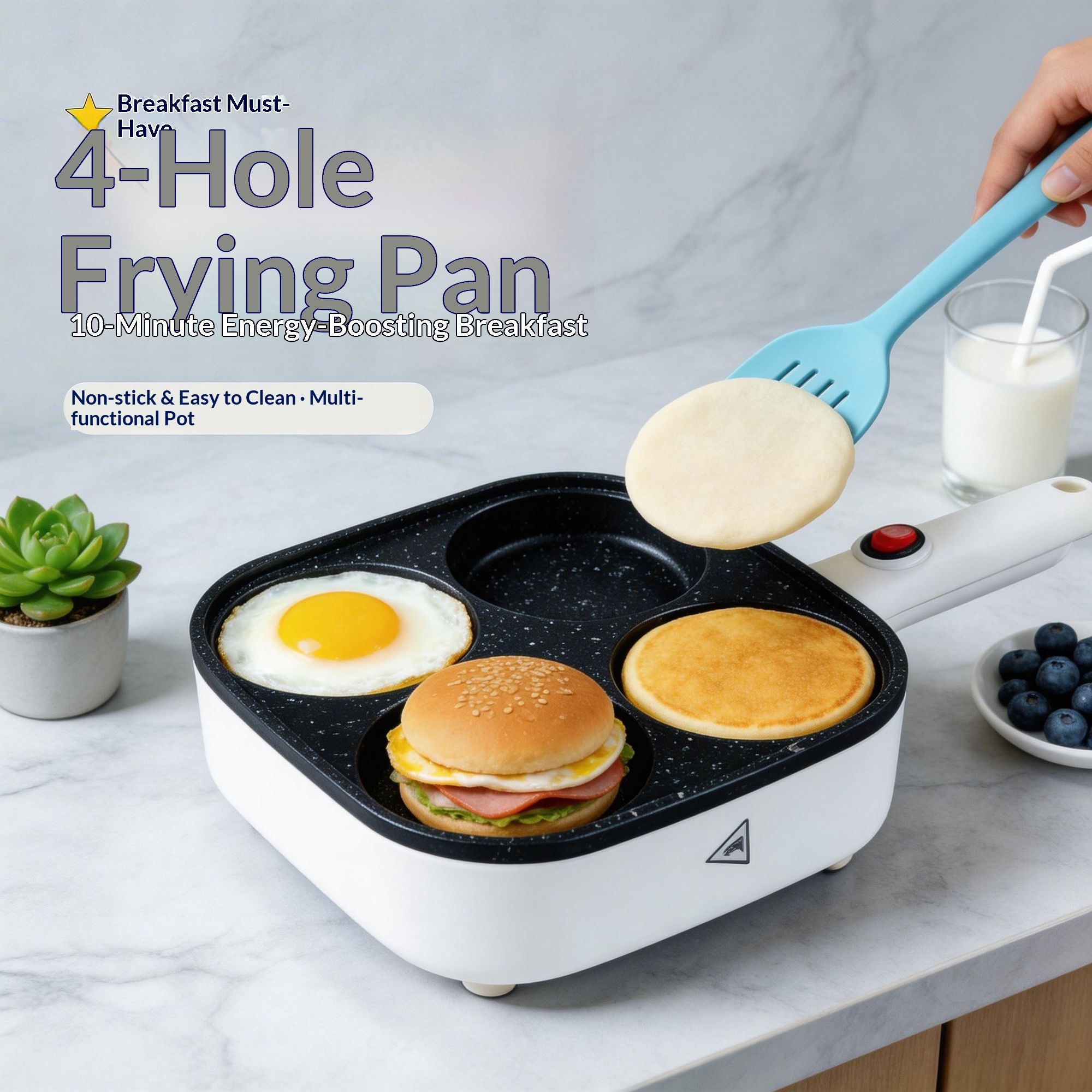 4-Hole Non-Stick Electric Frying Pan, Multi Breakfast Maker, Cook Eggs & Pancakes Simultaneously, Integrated Skillet for Home & Camping