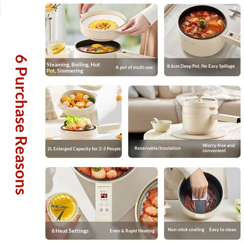2L Multi-functional Electric Cooker, 6-speed Touch Control Non-Stick Hot Pot, Detachable Power Cord, Portable Cooking Pot for Dorm & Home