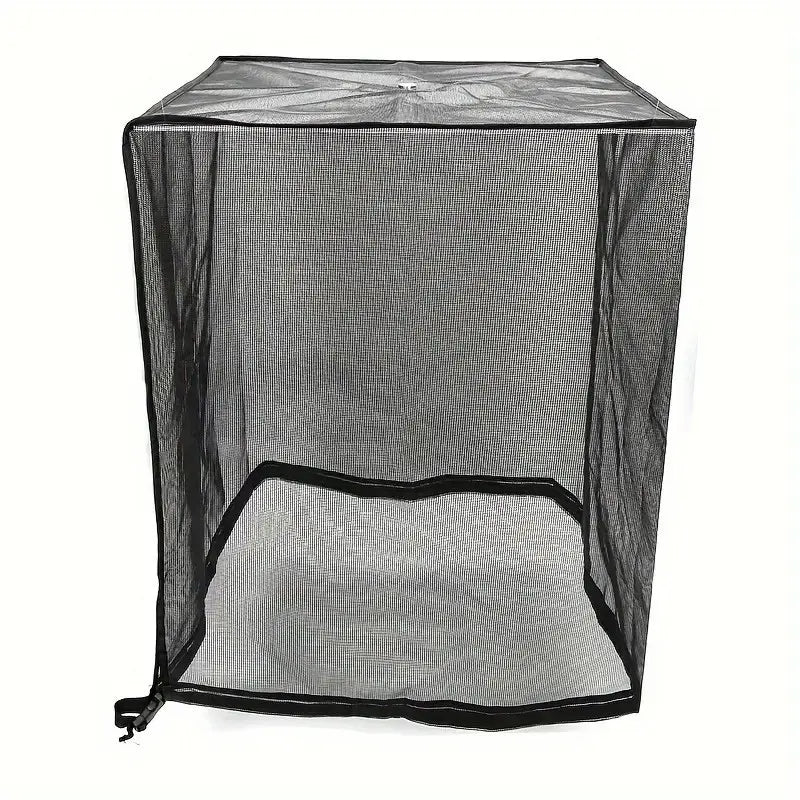 Full black mesh AC protector surrounding an outdoor condenser