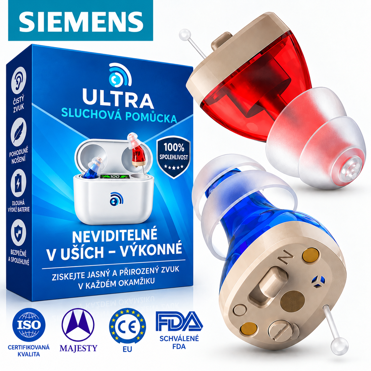 Volně prodejné naslouchátko Siemens Ultra – neviditelné, dobíjecí provedení CIC, schváleno FDA