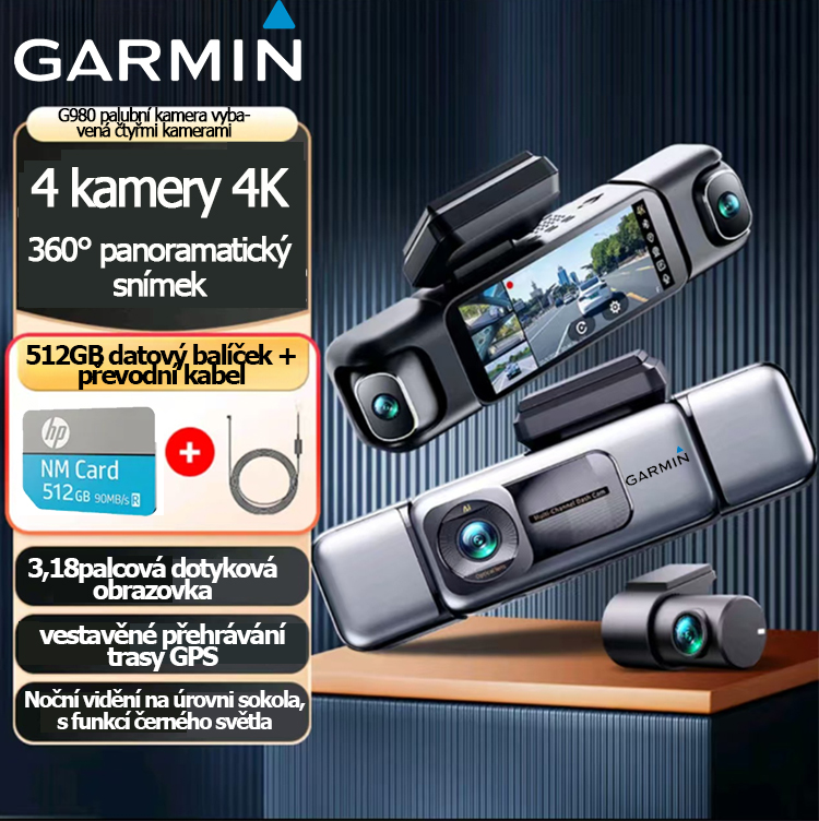 Garmin G980 chytrá palubní kamera s umělou inteligencí a hlasovým ovládáním, vybavená čtyřmi kamerami, 360° panoramatickým zobrazením, 4K ultra vysokým nočním viděním a GPS sledováním