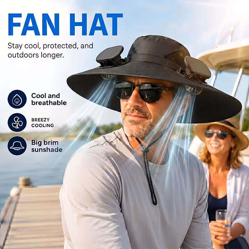 Summer Hot Seller💥Buy 1 Get 1 Free🔥Solar-powered fan hat, outdoor fishing hat, includes 3 rechargeable fans, suitable for various occasions: running, camping, fishing, travel.