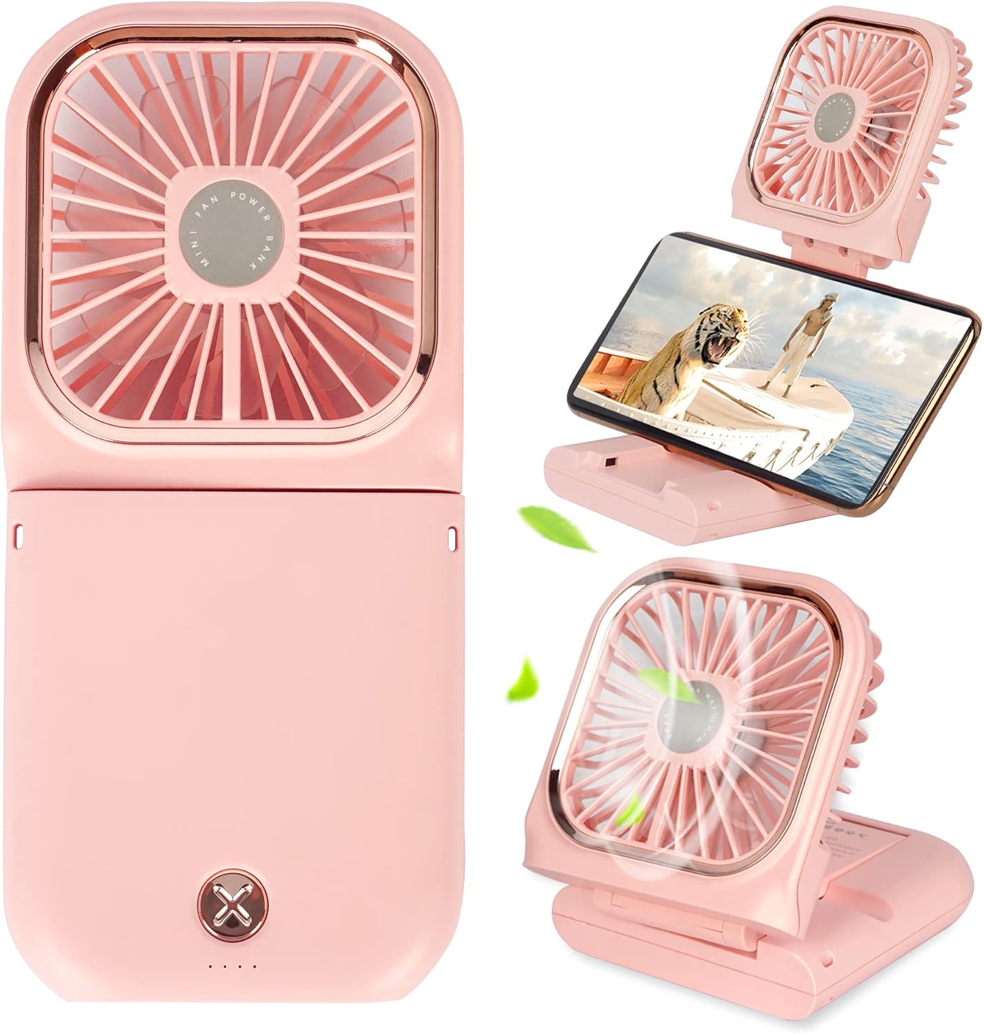 Portable Mini Fan Small Battery Operated Fan 5 in 1 as Power Bank,Phone Holder,Handheld Fan,Desk Fan, USB Rechargeable Personal Hand Fans,3000 mAh Power Bank,3 Speed Adjustable, Neck lanyard, Pink