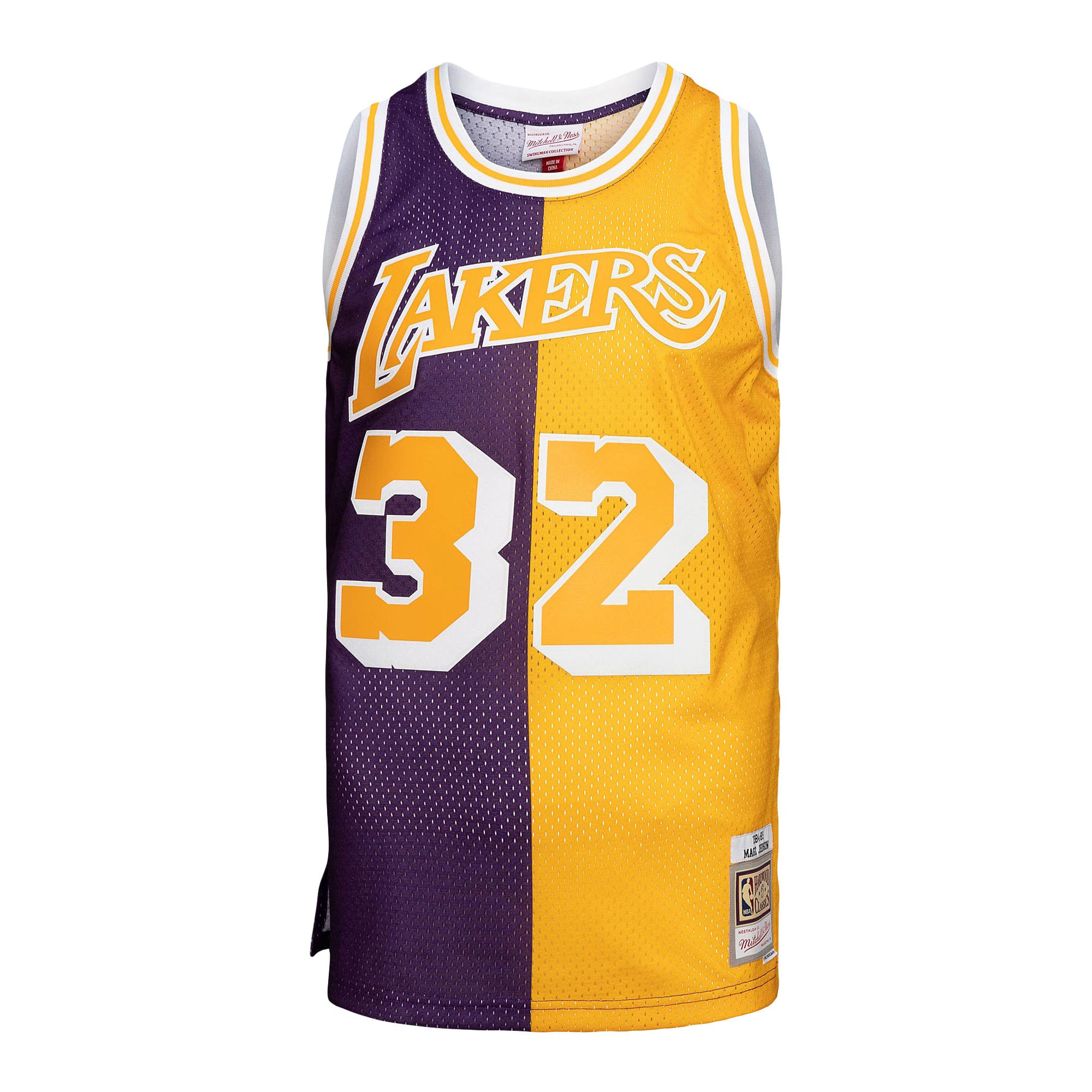 Magic Johnson Los Angeles Lakers Mitchell & Ness Big & Tall Hardwood Classics 1984/85 Split Swingman Jersey Purple/Gold