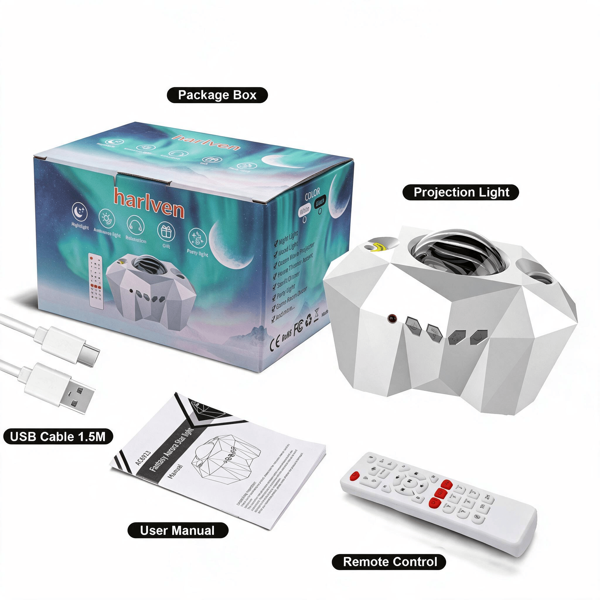 Harlven Aurora Relaxation Projector, Dreamy Starry Sky Night Light with Soothing Sounds for Sleep, Meditation & Stress Relief - White - Aurora Prism - image 9