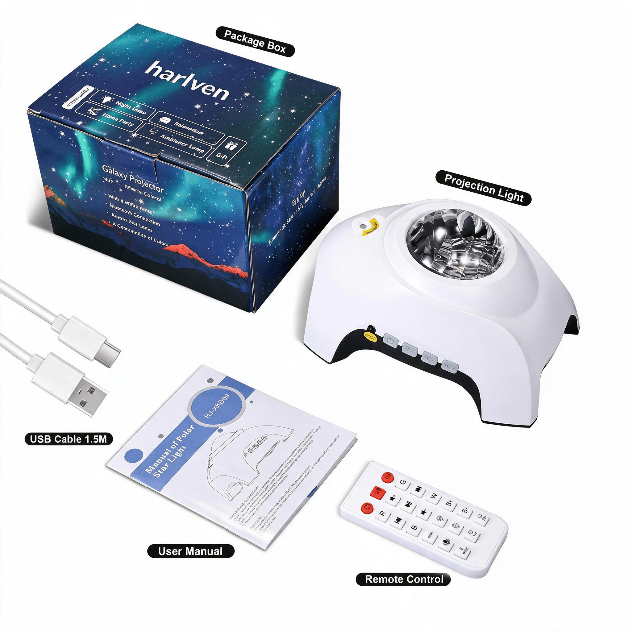 Harlven Aurora Relaxation Projector, Dreamy Starry Sky Night Light with Soothing Sounds for Sleep, Meditation & Stress Relief - White - Elephant Dream - image 11
