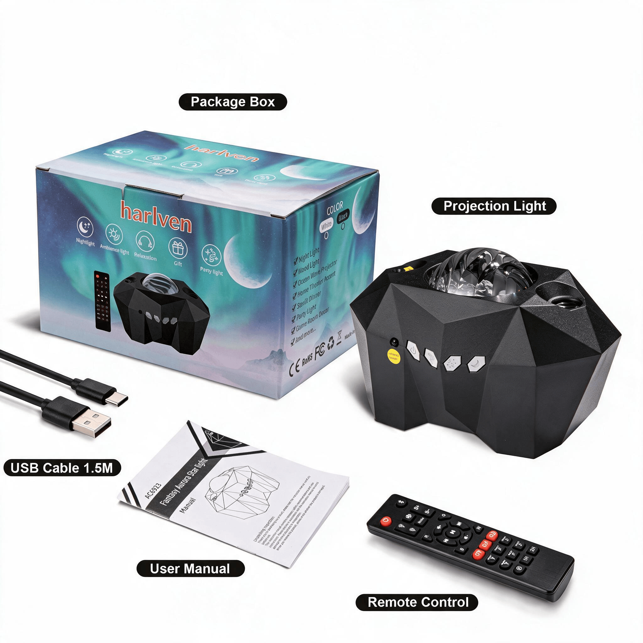 Harlven Aurora Relaxation Projector, Dreamy Starry Sky Night Light with Soothing Sounds for Sleep, Meditation & Stress Relief - Black - Aurora Prism - image 10