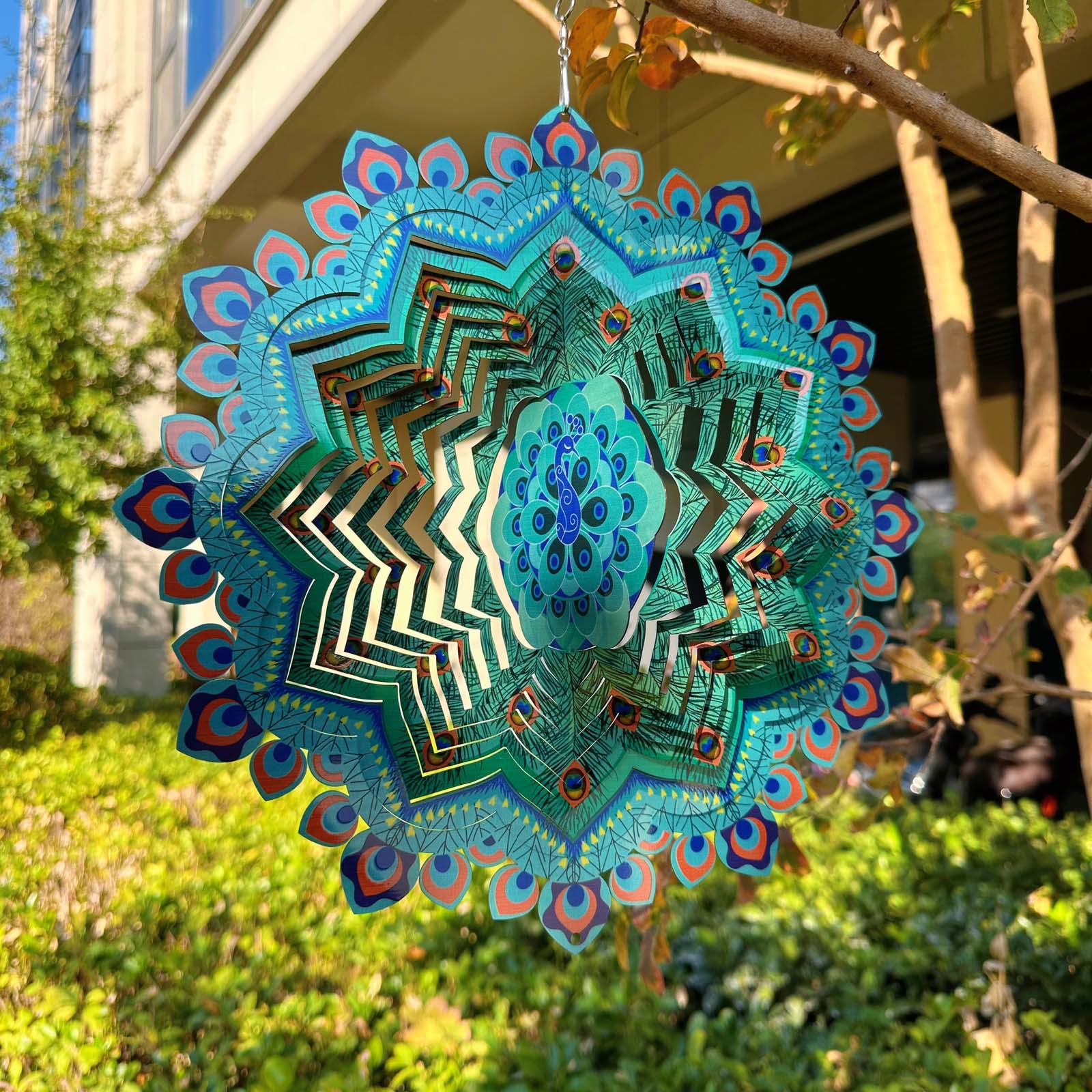 Mandala Peacock Wind Spinner, Rotating Garden Decor for Patio, Meditation, Relaxation & Special Gifts - Large (11.8in) - image 1